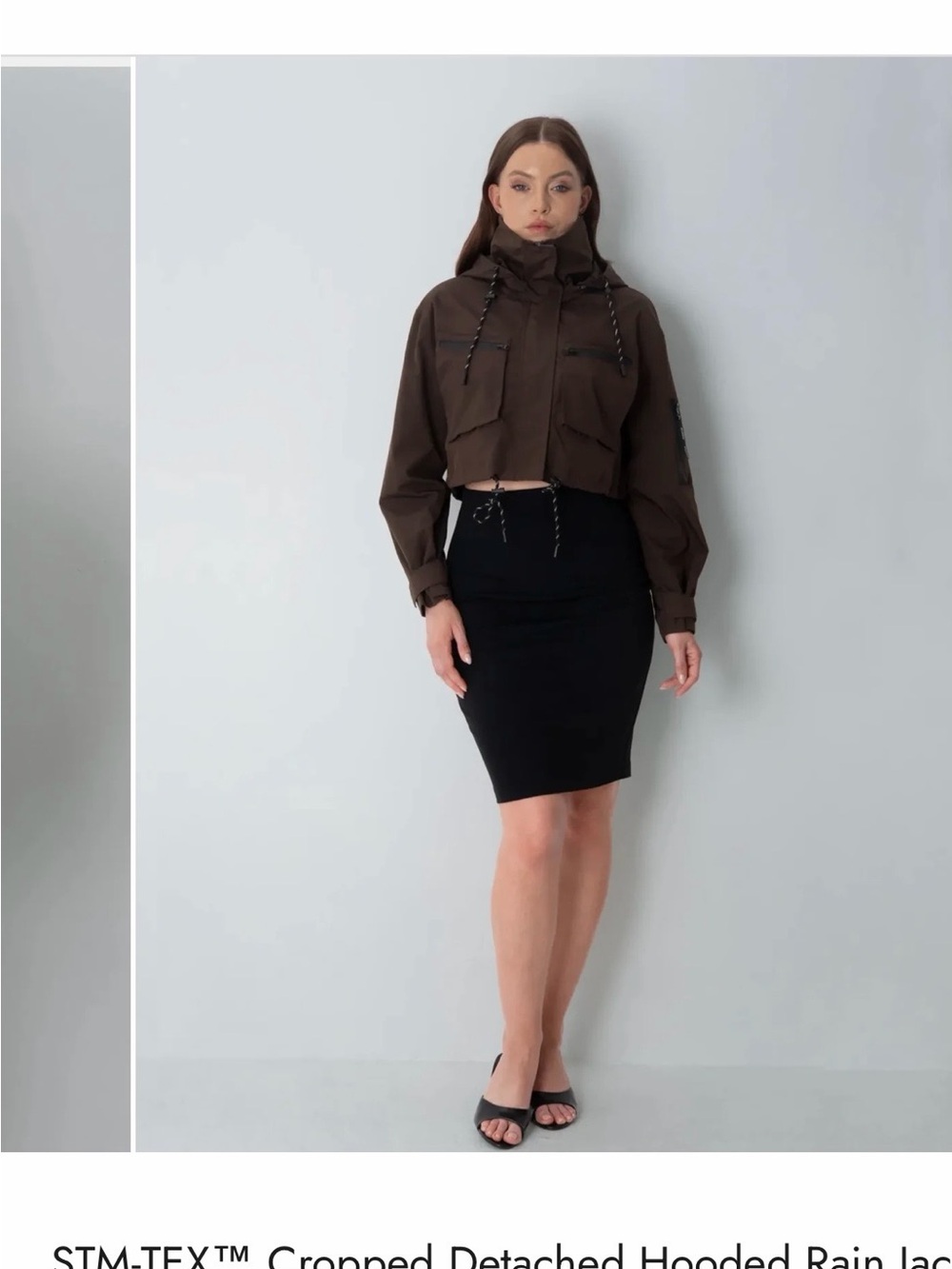 Funnel Neck Brown Hooded Utility Windbreaker Jacket for Women Waterproof Cropped - Picture 4 of 8